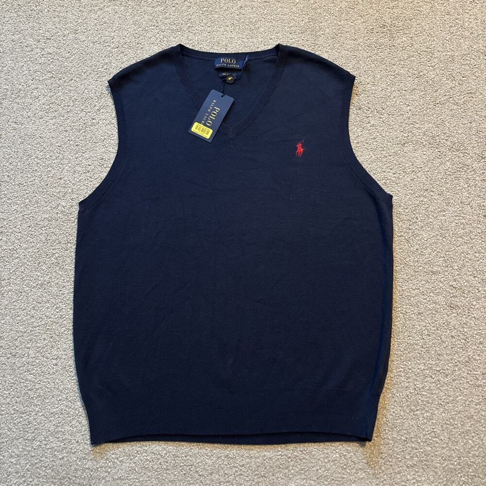 Polo Ralph Lauren V-Neck Sweater Vest Mens SZ L Blue Pima Cotton Red Pony NWT